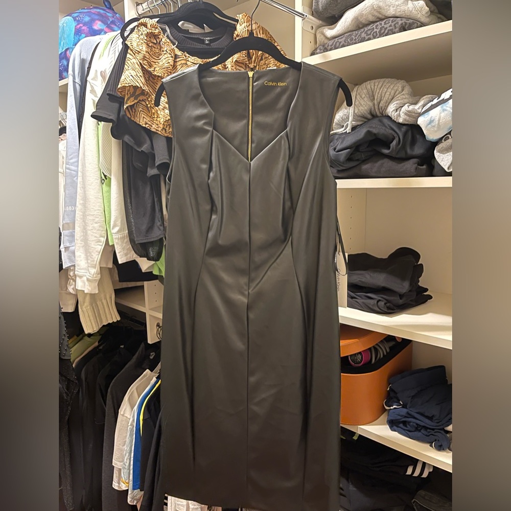 Calvin Klein Faux Leather Sleeveless Black Dress